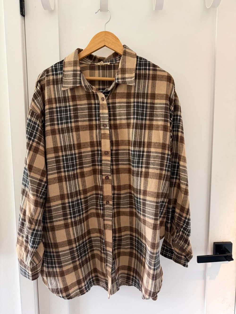 Women's Casual Plaid Button-Down Shirt in Brown and Cream